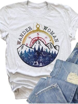 Women Mountain Camping T-Shirt Summer Camping Hiking Vacation Shirts Teen Girls Funny Forest Camper Tees Tops