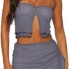 Women's 2 Piece Outfits Sheer Mesh Split Front Strapless Tube Crop Top and Ruffle Mini Skirt Set