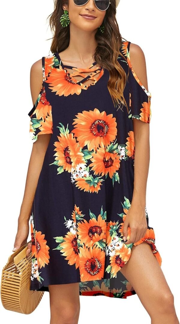 Women Summer Cold Shoulder Criss Cross Neckline Short Sleeve Casual Tunic Top Dress (S-3XL)