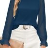 Womens Blouses Trendy Dressy Casual Tops Elegant Puff Long Sleeve Shirts Ruffle Mock Neck Plain Chiffon Outfits