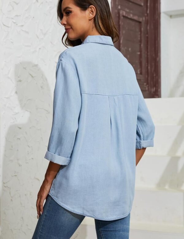 Women's Soft Tencel Denim Shirts Casual 3/4 Sleeve Button Down Blouses