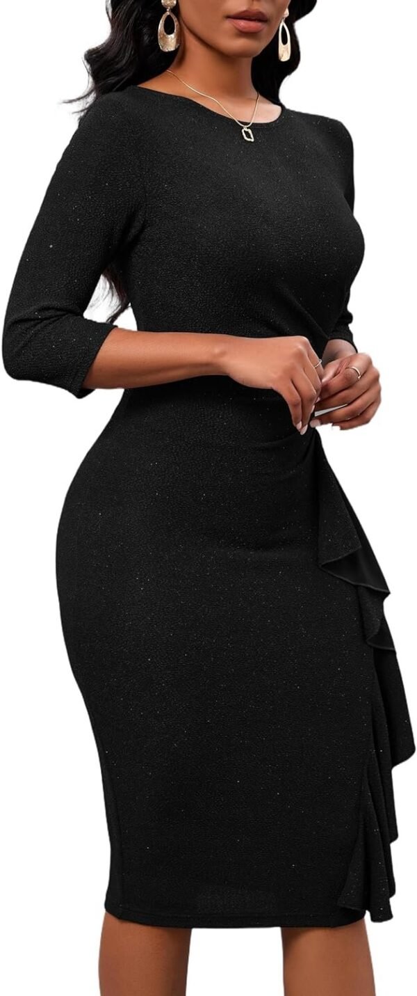 Women's Sequin Sparkly Glitter Party Club Dress Crew Neck 3/4 Sleeve Ruffle Ruched Cocktail Bodycon Midi Dress