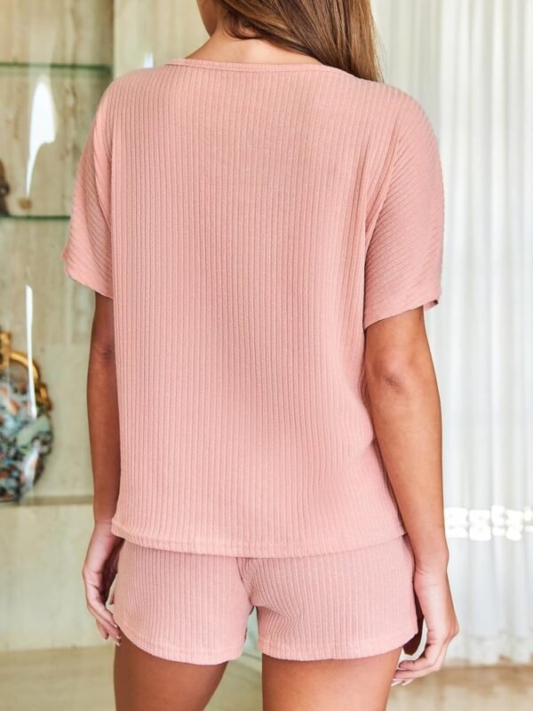 Ribbed Knit Pajama Sets for Women Short Sleeve Loungewear V Neck Pjs Shorts Sets