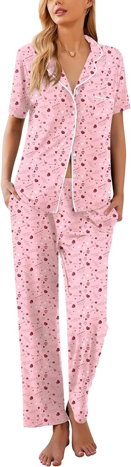 Women Pajamas Set Button Down Sleepwear Short Sleeve Nightwear with Long Pants Soft Pjs Set with Pockets S-XXL