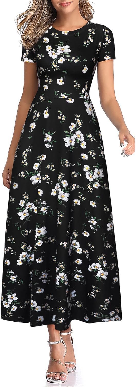 Women's 2024 Short Sleeve Round Neck Casual Summer Flowy Maxi Spring Dresses with Pockets