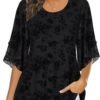 Women's Tops 3/4 Sleeve Blouses Dressy Casual Double Layers Mesh Tunic Shirts