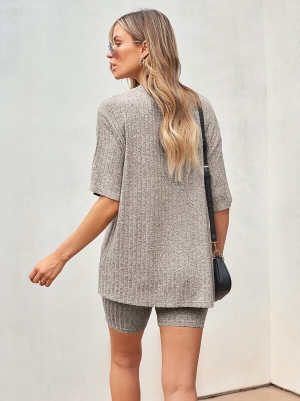 Women's Summer 2 Piece Outfits Lounge Sets Ribbed Knit Short Sleeve Loose Top and Bodycon Shorts Pajamas Set 2024