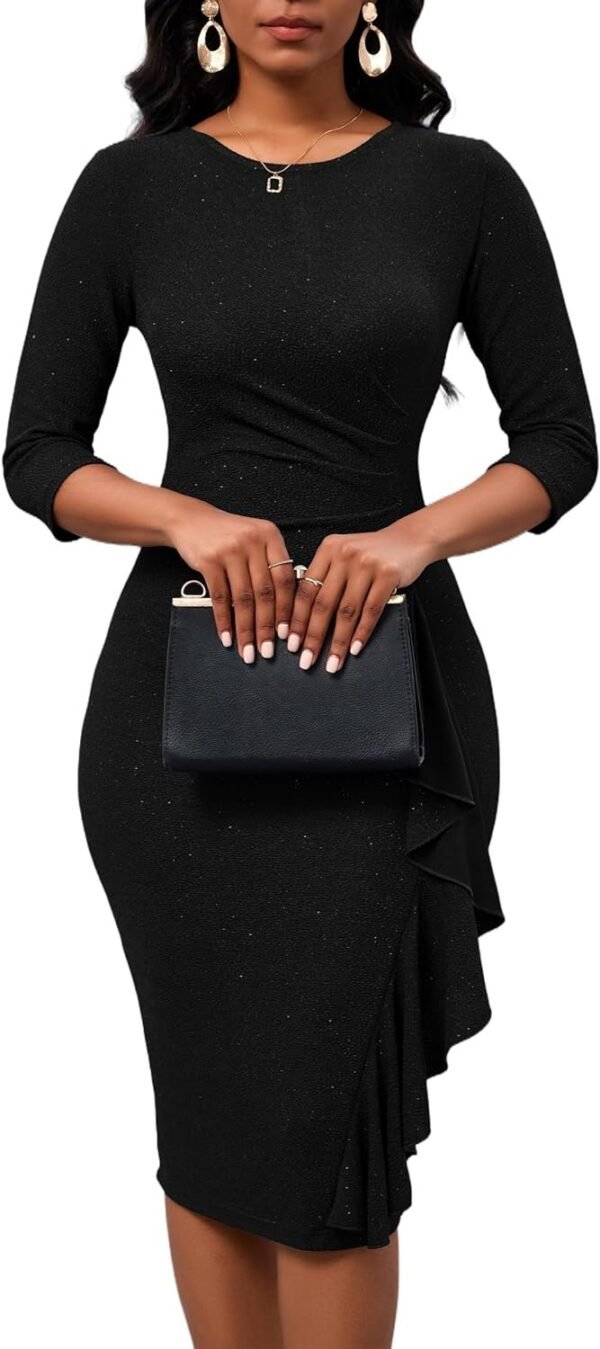 Women's Sequin Sparkly Glitter Party Club Dress Crew Neck 3/4 Sleeve Ruffle Ruched Cocktail Bodycon Midi Dress