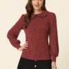 Women's Peter Pan Collar Shirt Fashion Puff Long Sleeve Houndstooth Plaid Blouse