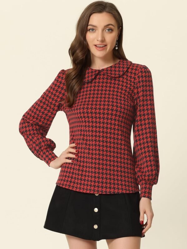 Women's Peter Pan Collar Shirt Fashion Puff Long Sleeve Houndstooth Plaid Blouse