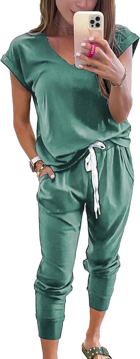 Womens V Neck Short Sleeve Top And Long Pants