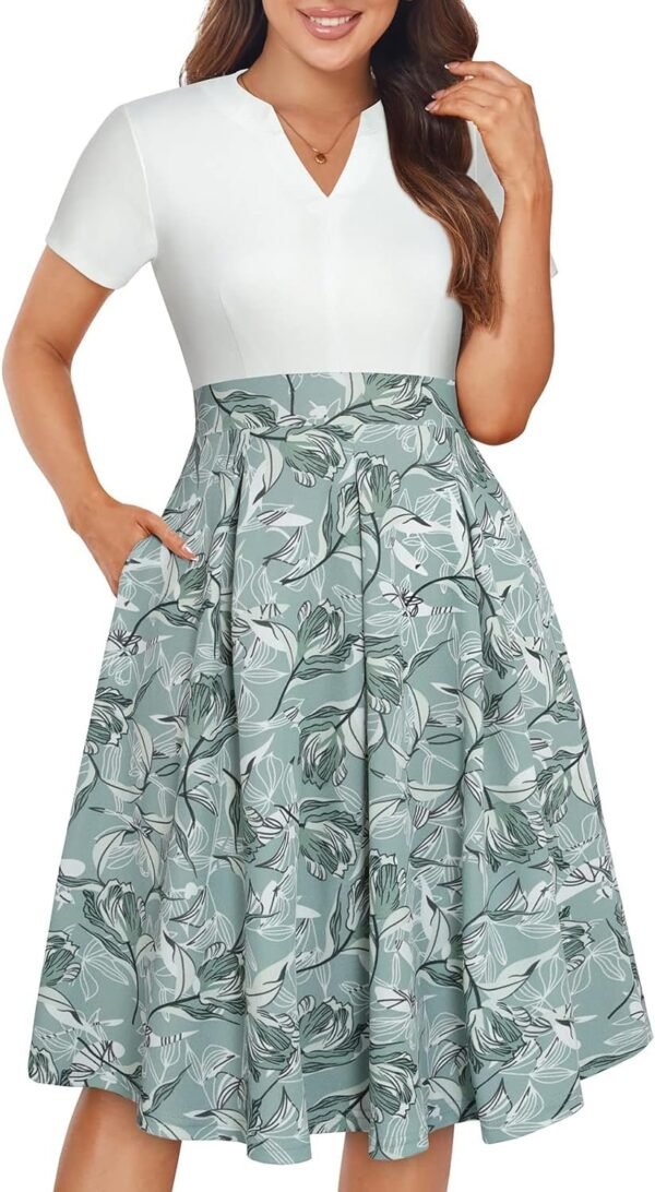 Womens Elegant Print Notched Neck Slant Pocket Pleated Hem Casual A-Line Dress