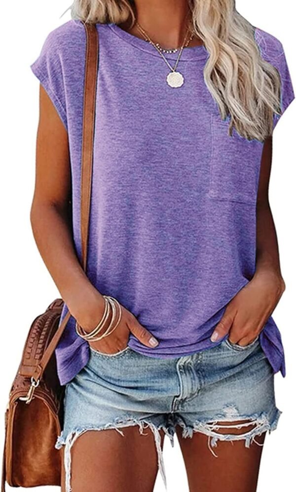 Womens Summer Short Cap Sleeve Shirts Solid Loose Fit Pocket Tunic Tops
