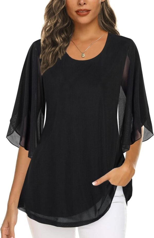 Women's Tops 3/4 Sleeve Blouses Dressy Casual Double Layers Mesh Tunic Shirts