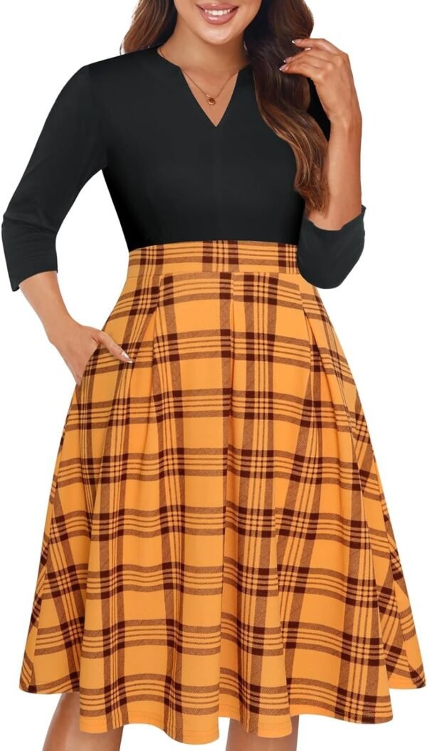 Womens Elegant Print Notched Neck Slant Pocket Pleated Hem Casual A-Line Dress