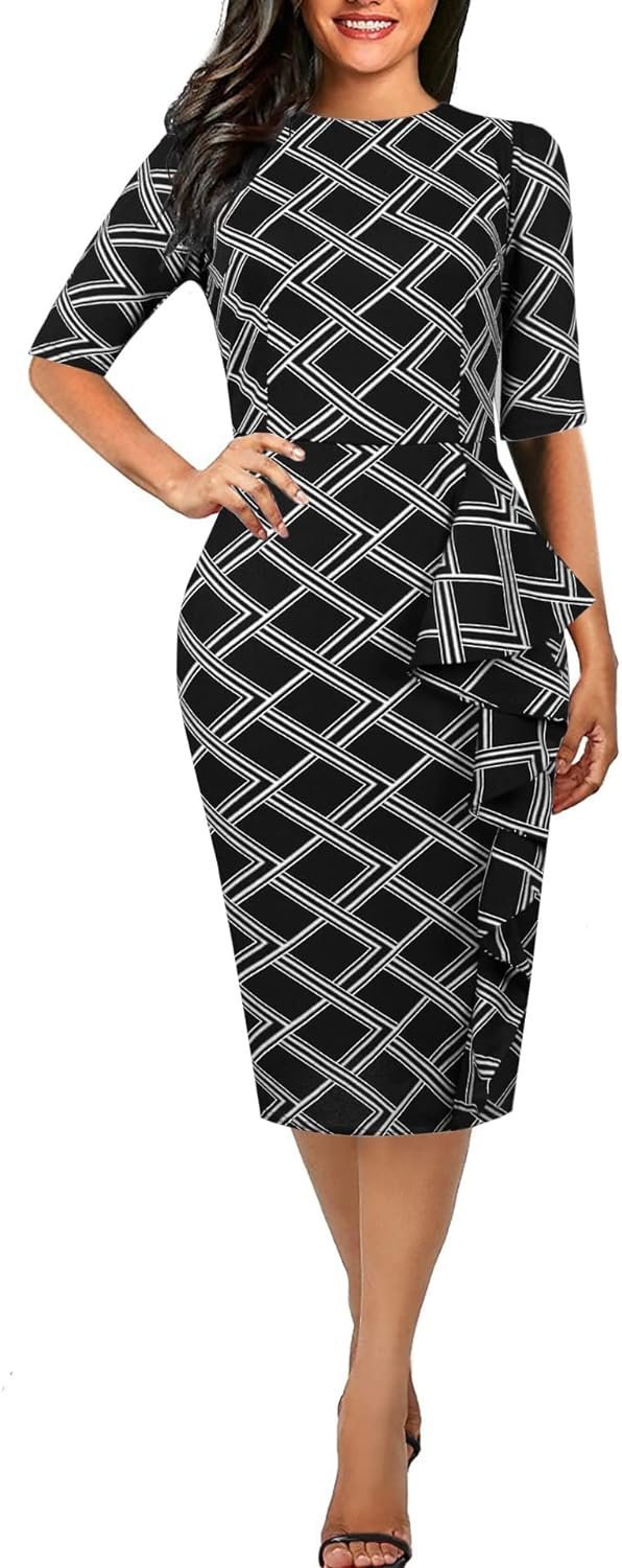 Women's Vintage Short Sleeve Polka Dot Falbala Fold Slim Fit Pencil Dress