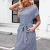 Women's Summer Striped Short Sleeve T Shirt Dress Casual Tie Waist with Pockets
