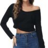 Women's Oversized T Shirts Fashion Long Sleeve Scoop Neck Top Shirts Loose fit Comfy Tees with Pockets