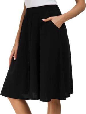 Womens High Waisted A Line Pleated Midi Skirt Button Front Skirts with Pocket