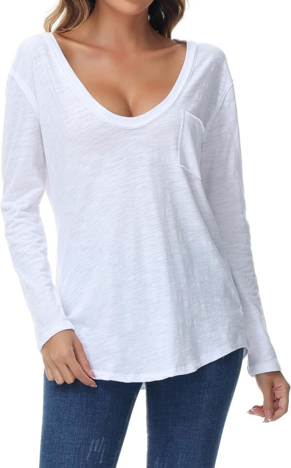 Women's Oversized T Shirts Fashion Long Sleeve Scoop Neck Top Shirts Loose fit Comfy Tees with Pockets