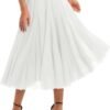 Women's Tulle Skirt Elastic High Waist Layered Pleated Mesh Flowy A-line Midi Skirt
