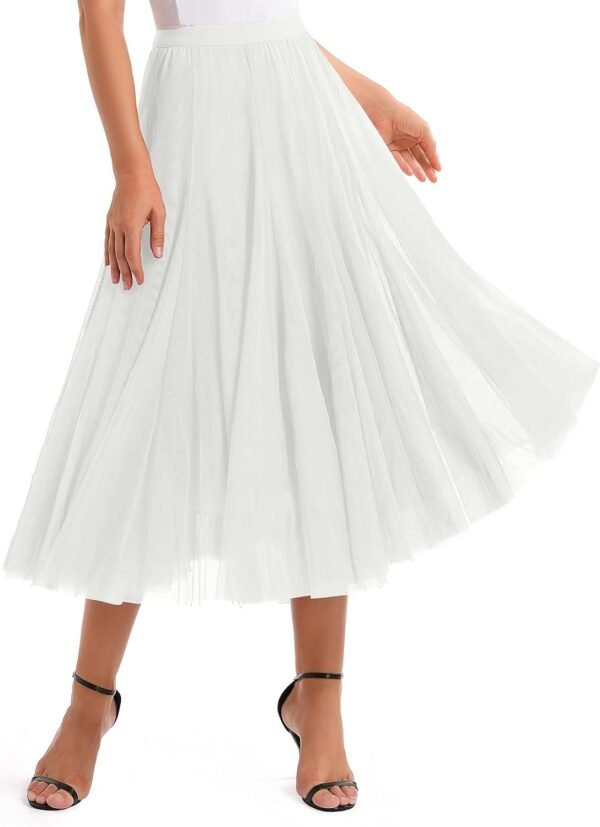 Women's Tulle Skirt Elastic High Waist Layered Pleated Mesh Flowy A-line Midi Skirt