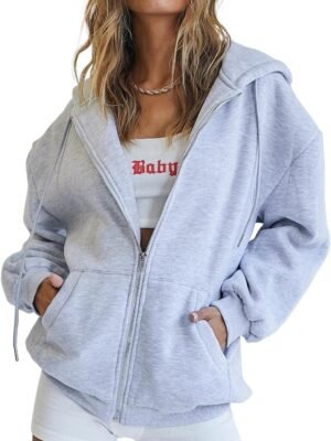 Women's Cute Hoodies Teen Girl Fall Jacket Oversized Sweatshirts Casual Drawstring Clothes Zip Up Y2K Hoodie with Pocket