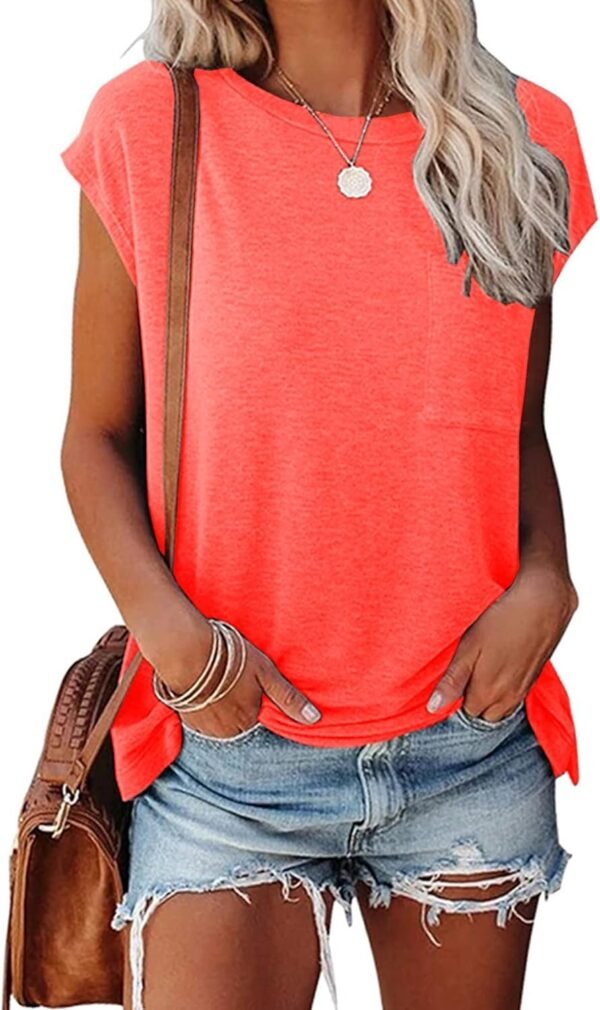 Womens Summer Short Cap Sleeve Shirts Solid Loose Fit Pocket Tunic Tops