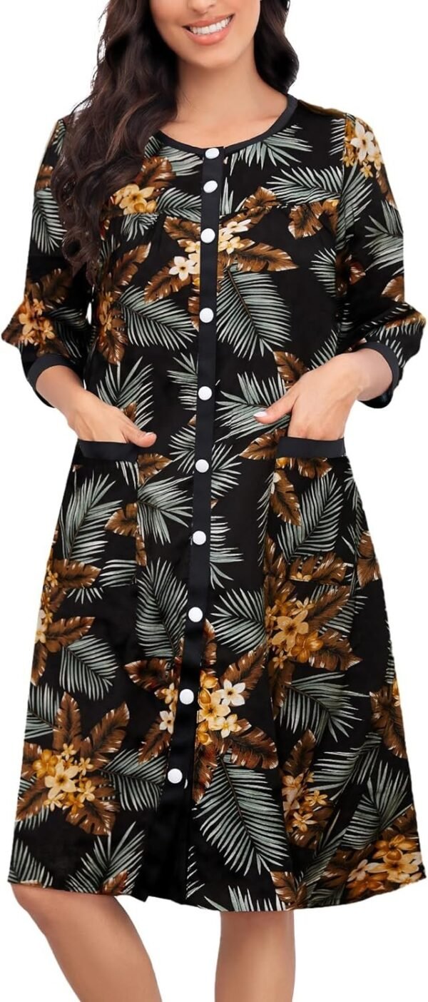 Women House Dress Snap Front Nightgown 3/4 Sleeve Housecoat Duster Robe with Pockets Moomoo Patio Dress