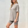 Women's Summer 2 Piece Outfits Lounge Sets Ribbed Knit Short Sleeve Loose Top and Bodycon Shorts Pajamas Set 2024
