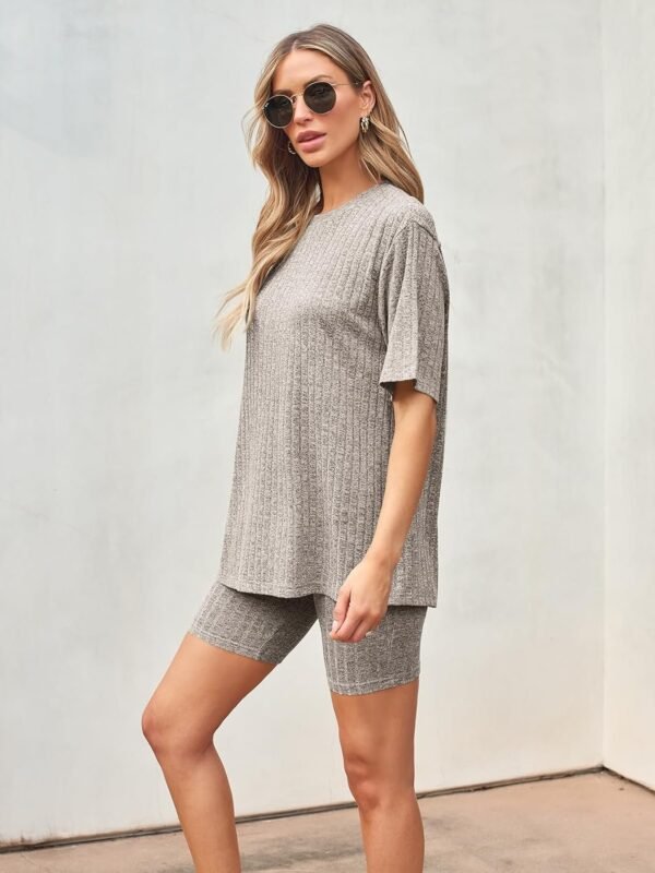 Women's Summer 2 Piece Outfits Lounge Sets Ribbed Knit Short Sleeve Loose Top and Bodycon Shorts Pajamas Set 2024