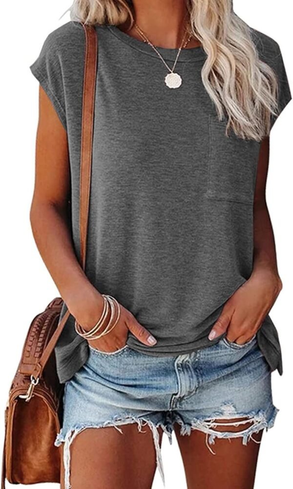 Womens Summer Short Cap Sleeve Shirts Solid Loose Fit Pocket Tunic Tops