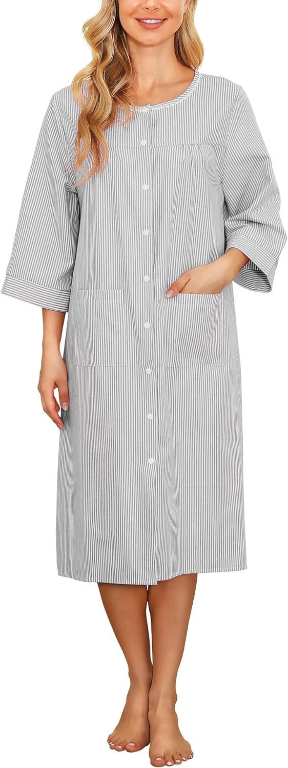 Women House Dress Snap Front Nightgown 3/4 Sleeve Housecoat Duster Robe with Pockets Moomoo Patio Dress