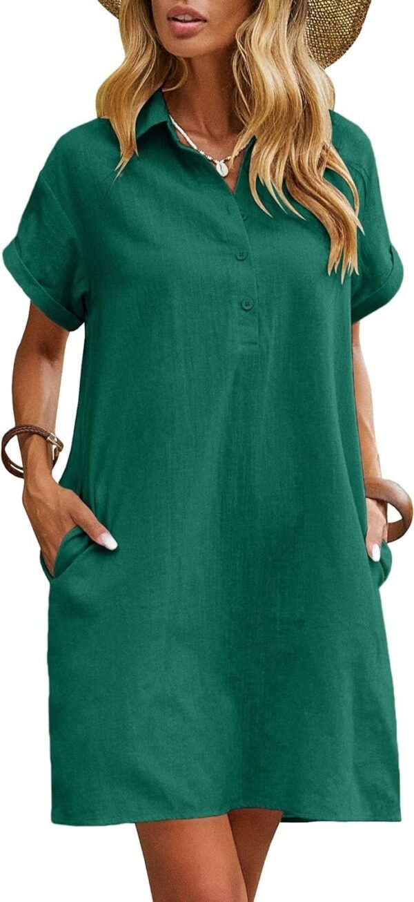 Womens Cotton Shirt Dress Summer Casual Short Sleeve Button Down Beach Cover Up Shirts with Pockets