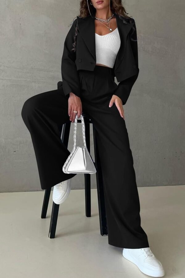 Womens Cropped Blazer Jackets High Waisted Wide Leg Work Pants Suit Set