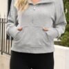 Womens Hooded Pullover Sweatshirts Half Zipper Crop Hoodie Fleece Lined Collar Zip Up Hoodies Cropped Long Sleeve Tops, 1 - Light Grey, Large