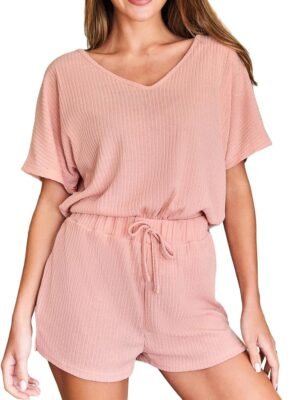 Ribbed Knit Pajama Sets for Women Short Sleeve Loungewear V Neck Pjs Shorts Sets
