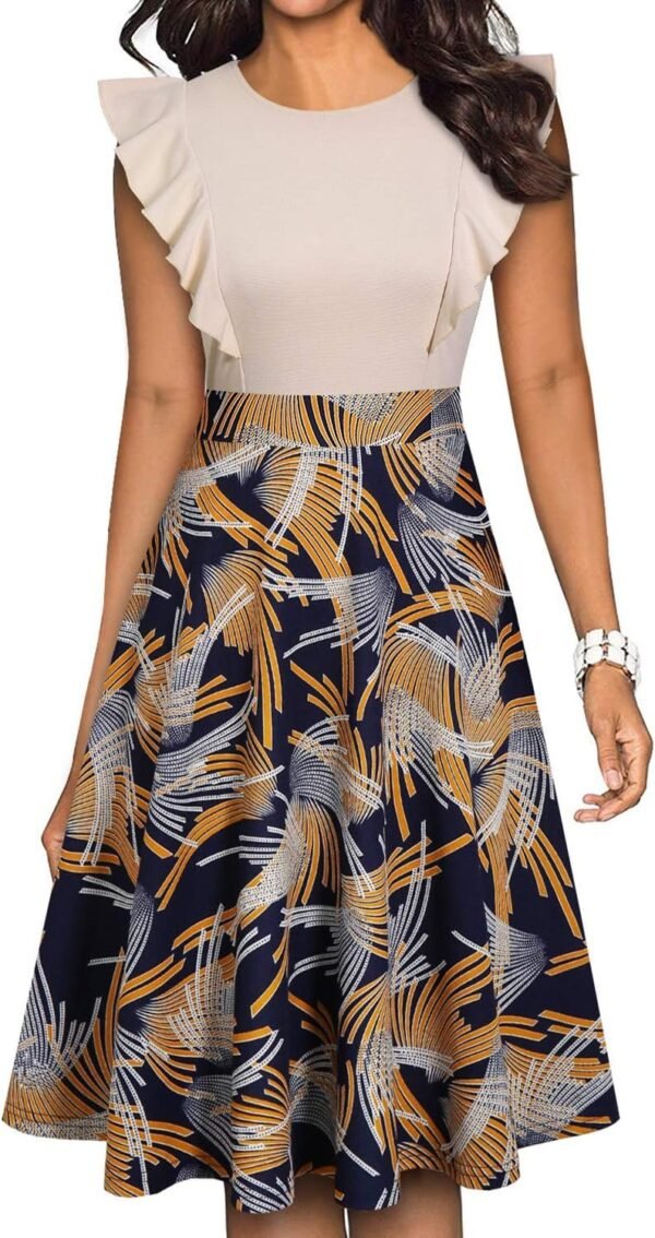 Women's Vintage Ruffle Floral Flared A Line Swing Casual Cocktail Party Dresses