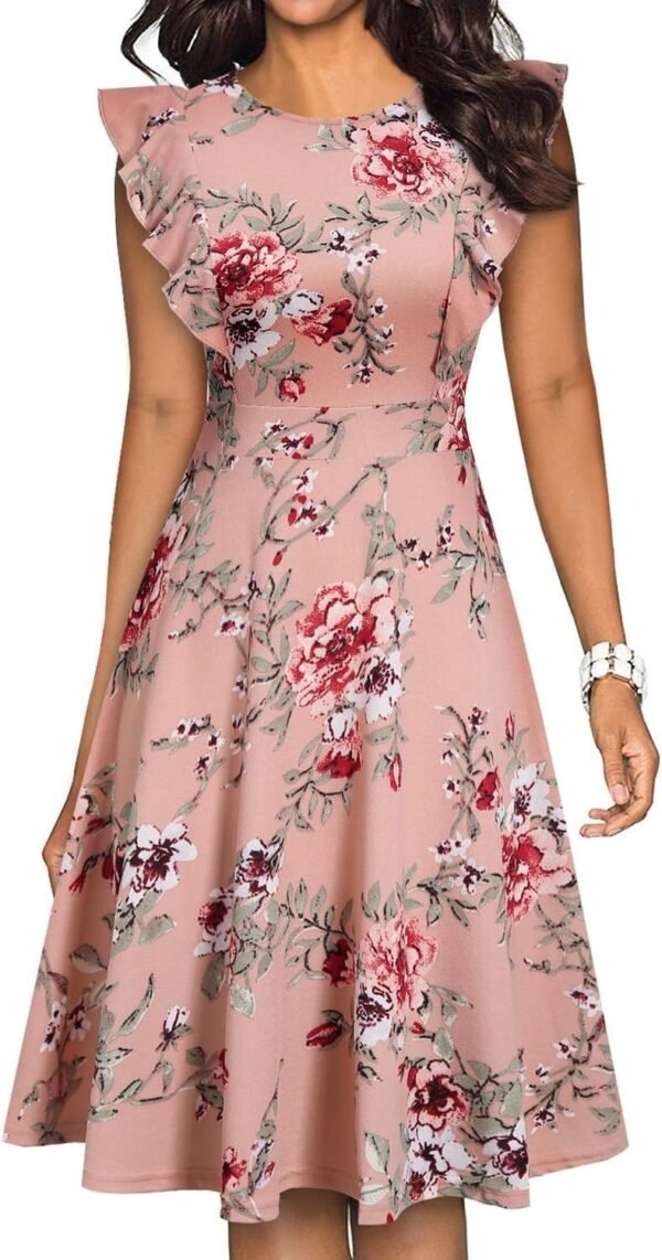 Women's Vintage Ruffle Floral Flared A Line Swing Casual Cocktail Party Dresses