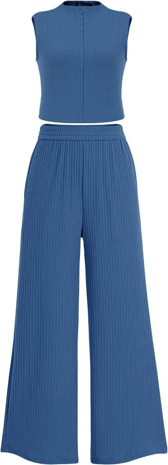 Womens 2 Piece Summer Casual Tank Tops And Wide Leg Pants Tracksuits