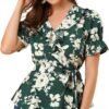 Women's Wrap Peplum Top Blouse Tie Waist Short Sleeve Ruffle Floral V Neck Belted Shirts