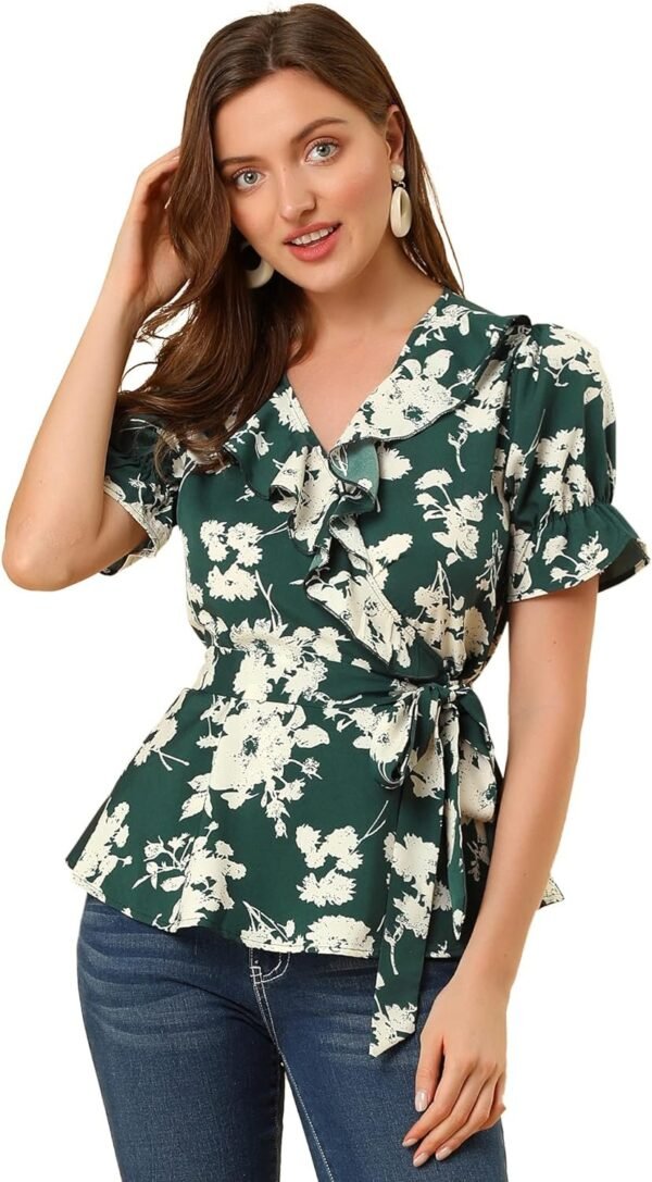 Women's Wrap Peplum Top Blouse Tie Waist Short Sleeve Ruffle Floral V Neck Belted Shirts
