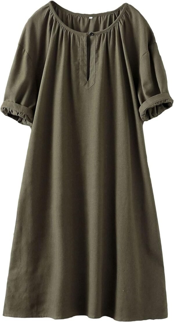 Women's Cotton Linen Dress Short Sleeve Midi Casual Tunic Dress with Pockets