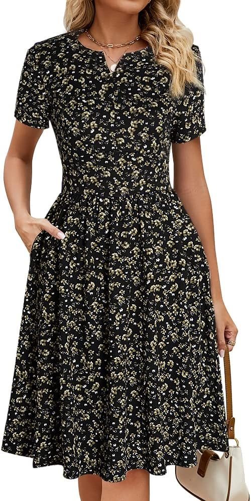 Women's Vintage Pleated Flared Swing A-Line Casual Party Work Dresses