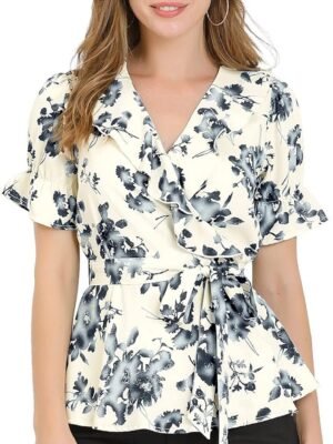 Women's Wrap Peplum Top Blouse Tie Waist Short Sleeve Ruffle Floral V Neck Belted Shirts