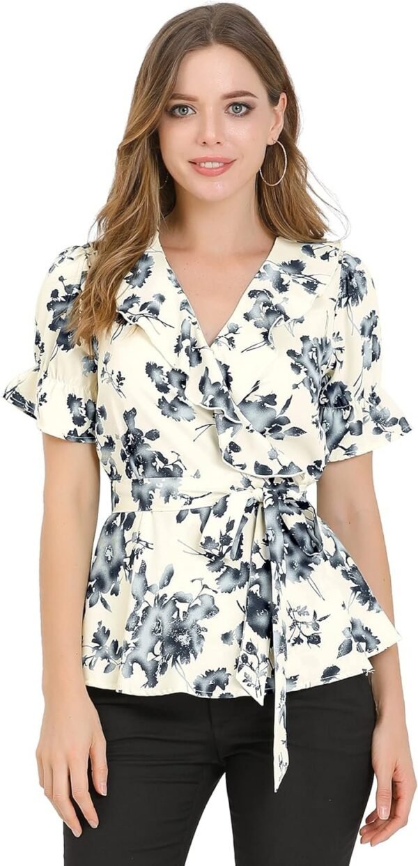 Women's Wrap Peplum Top Blouse Tie Waist Short Sleeve Ruffle Floral V Neck Belted Shirts