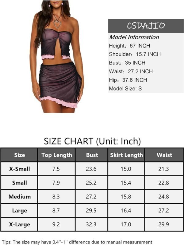 Women's 2 Piece Outfits Sheer Mesh Split Front Strapless Tube Crop Top and Ruffle Mini Skirt Set