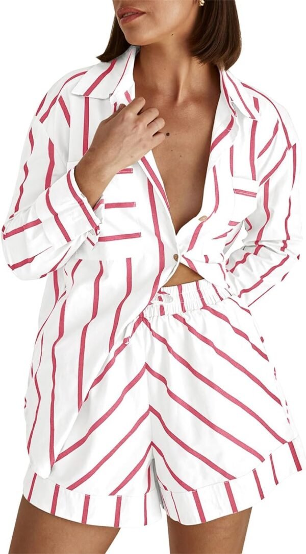 Women's Striped 2 Piece Outfits Casual Oversized Button Down Shirts and Short Lounge Pajamas Set