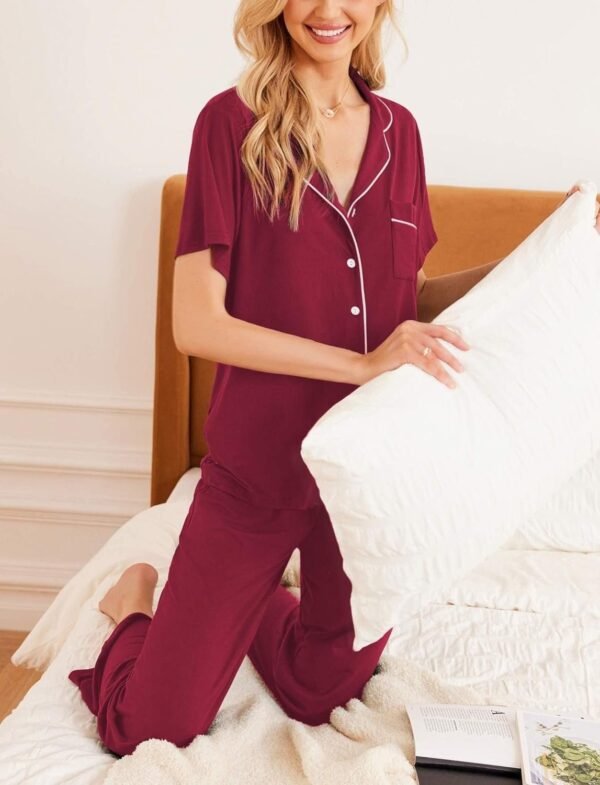 Women Pajamas Set Button Down Sleepwear Short Sleeve Nightwear with Long Pants Soft Pjs Set with Pockets S-XXL