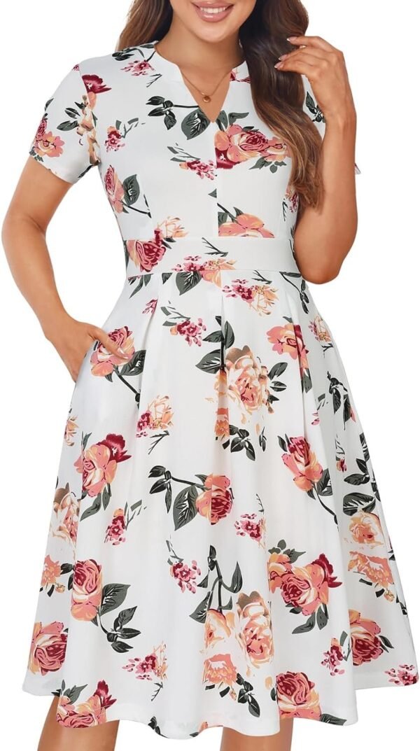 Womens Elegant Print Notched Neck Slant Pocket Pleated Hem Casual A-Line Dress